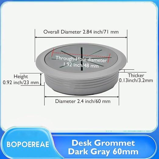 Desk Grommet 2-3/8" (60 mm), Desk Hole Cover for Cables Dark Grey, Cable Grommet ABS Plastic, Desk Hole Grommet for Office and Home Table Cable, Detachable & Flexible Cable Cord Organizer-2 Pcs