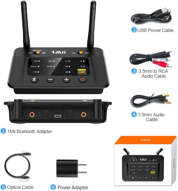 1Mii B03Pro Bluetooth 5.3 Transmitter Receiver for Home Stereo TV, HiFi Wireless Audio Adapter with Audiophile DAC & AptX Low Latency/HD/Adaptive, Long Range, Optical RCA AUX 3.5mm Outputs/Inputs