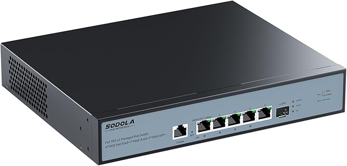 SODOLA 10Gb L2 Managed PoE Switch 150W|1X 10G SFP+&4 x 10GBase-T PoE Ports+1x10GBase-T Uplink, Max 90W PoE Output,IEEE802.3af/at/bt,Desktop&Wall Mount 10G Managed PoE Network Switch