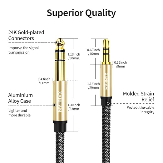 3.5mm to 1/4 Stereo Audio Cable 25 Feet /8M, 1/8" to 6.35mm 1/4" TRS Male Aux Cord Double Shielded with Braiding for Guitar, Amplifiers, PC, Home Theater, Speaker, etc.