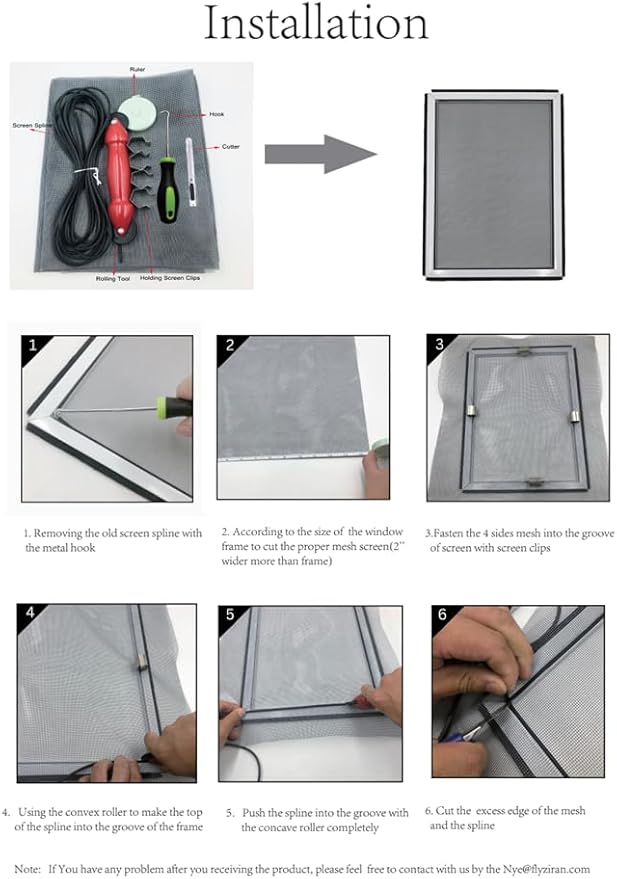 FLYZZZ Window Screen Door Repair Kit, 59‘’X118‘’ Fiberglass Mesh Replacement with Roller Tool/Hook/Spline/Cutter/Clips/Ruler, 7-in-1 Sliding Patio Door & Screen Door Repair Kit, Black