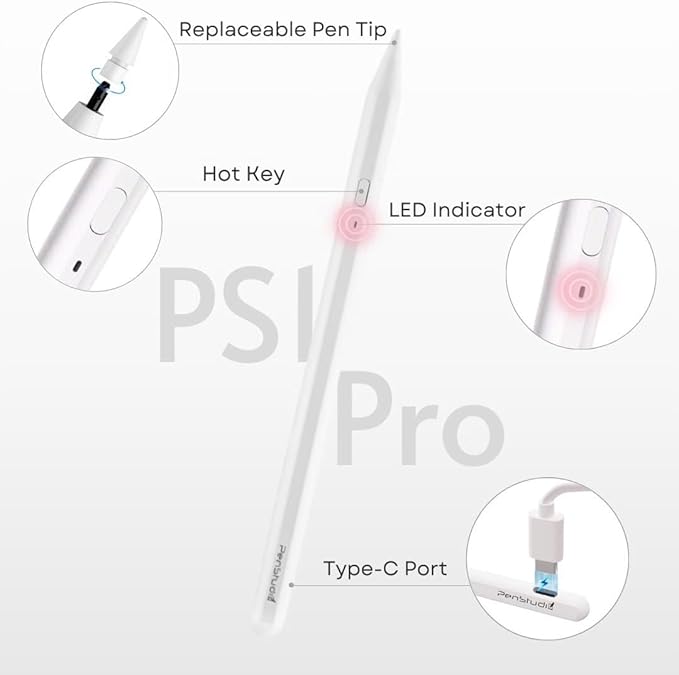 PS1-Pro Stylus Pen for Apple iPad 2018-2025｜Faster Charge Custom Shortcuts Pixel-Perfect with Metal Chrome Tip｜Pencil for iPad 11th & 10th Generation, Pro 11"/12.9"/M4, Air 3/4/5/M2/M3, mini 5/6th Gen
