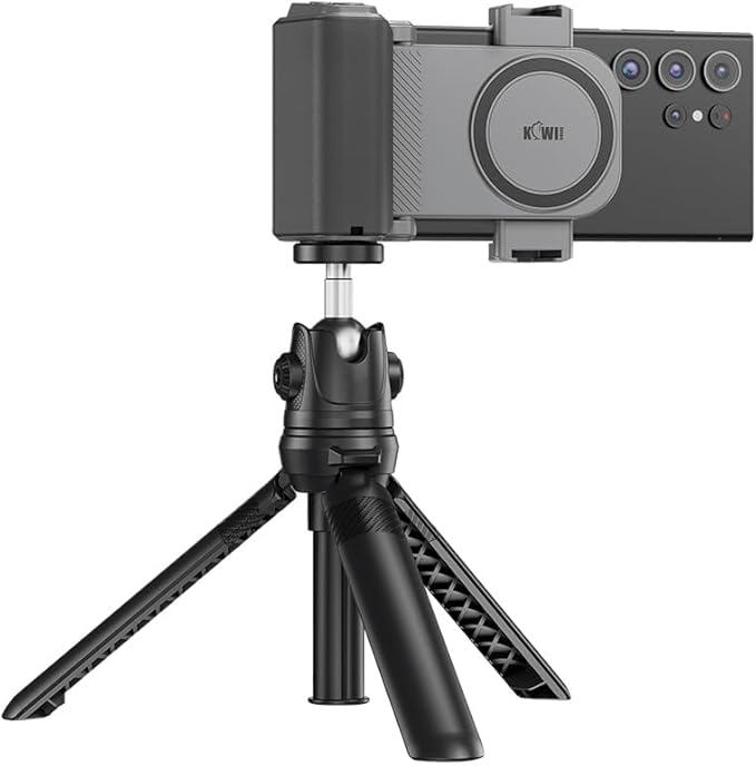 KIWIFOTOS Universal Phone Camera Grip Phone Tripod Mount with Remote Control & Cold Shoe Adapter for iPhone 16 15 Pro Max Samsung S24 S23 S25 Camera Holder Selfie Vlog Video Shooting (Gray)