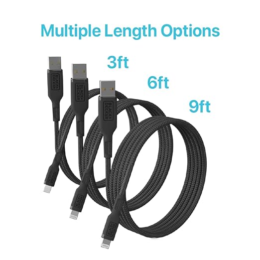 BLACK+DECKER Lightning to USB Cable - Fast Compatible iPhone Lightning Cable - Durable Braided iPhone Charger Cord - for Travel and Daily Use - Multiple Color + Length Options - 9ft