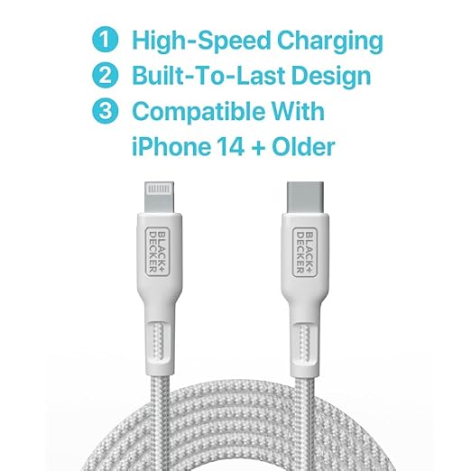 BLACK+DECKER USB C to Lightning Cable - Fast Compatible iPhone Lightning Cable - Durable Braided Type C iPhone Charger Cord - for Travel and Daily Use - Multiple Colors and Lengths - 6ft