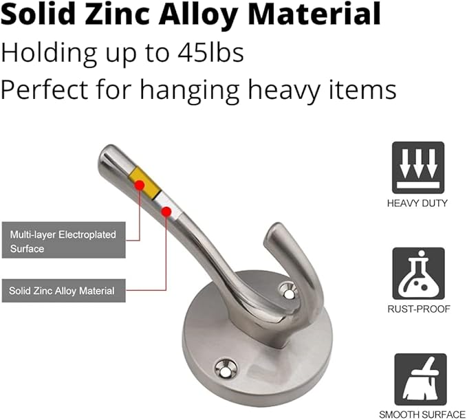 4 Pack Brushed Nickel Coat Hooks - Silver Robe & Towel Hooks for Bathrooms & Kitchen