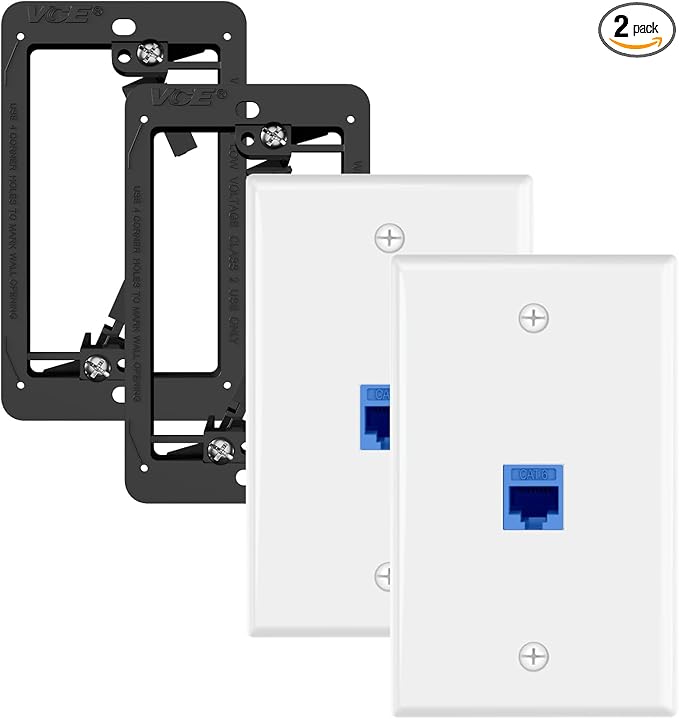 VCE Ethernet Wall Plate (UL-Listed) 1-Port, Keystone Jack Wall Outlet with CAT6 Keystone Inline Coupler Insert and Low Voltage Mounting Bracket 1 Gang, Blue 2-Pack