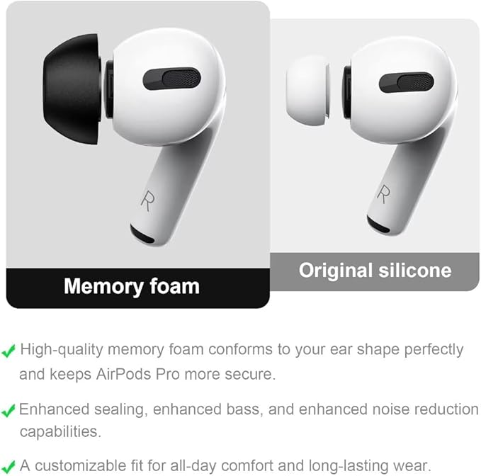 Lanwow Premium Memory Foam Tips for AirPods Pro & AirPods Pro 2nd Generation. No Silicone Eartips Pain. Anti-Slip Eartips. Fit in The Charging Case, 3 Pairs (Medium, Black)