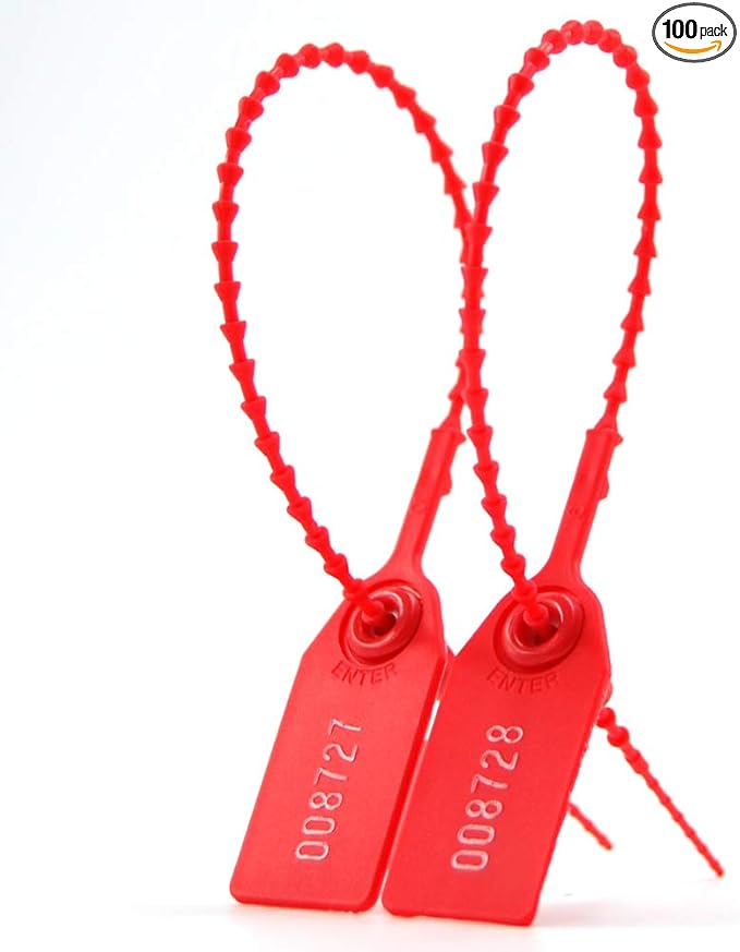 Leadseals(R) 100 Plastic Tamper Seals, Zip Ties for Fire Extinguishers Pull Tite Security Tags Numbered Disposable Self-Locking Tie 250mm Length (Red)