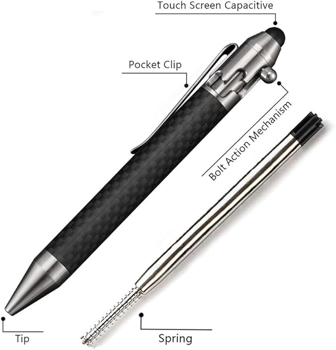 Cool Hand 4.9'' Carbon Fiber Bolt Action Pen with Retractable Stylus Tip for Any Touch Screen, Ballpoint Ink Refillable, Compact Size, Skelton Out Deep Pocket Clip (Carbon Fiber Silver)