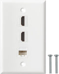 HDMI Ethernet Wall Plate - 2 Port 4K HDMI Keystone, 1 Port Cat6 Keystone Wall Plate Female to Female-White