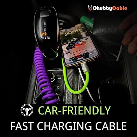 ChubbyCable ColorBlock Chubby - Spring Braided Silicone Charge Cable (Coiled, 2.29FT-3.6FT), USB-C Cable & Charger Cord for Car, Yellow+Black