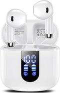 Wireless Earbuds, Bluetooth Headphones with Deep Bass Stereo, 48H Playback Ear Buds with LED Power Display Charging Case，Lightweight, IPX7, in-Ear Earphones with Mic for for Phone Tablet Laptop, White