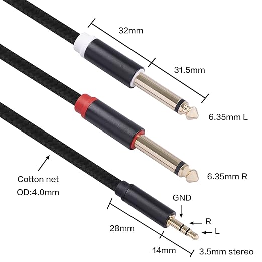 2Pack 10Ft 3.5mm 1/8" TRS to Dual 6.35mm 1/4" TS Mono Stereo Y-Cable Splitter Cord for Smartphone, Computer, CD Player, Speakers and Home Systems Amplifier