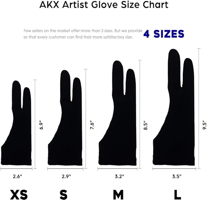 AKX Artist Glove, Palm Rejection Drawing Glove for Graphic Tablet, iPad - Smudge Guard, 2-Finger, Good for Left and Right Hand (Black, Medium, 2 Pack)