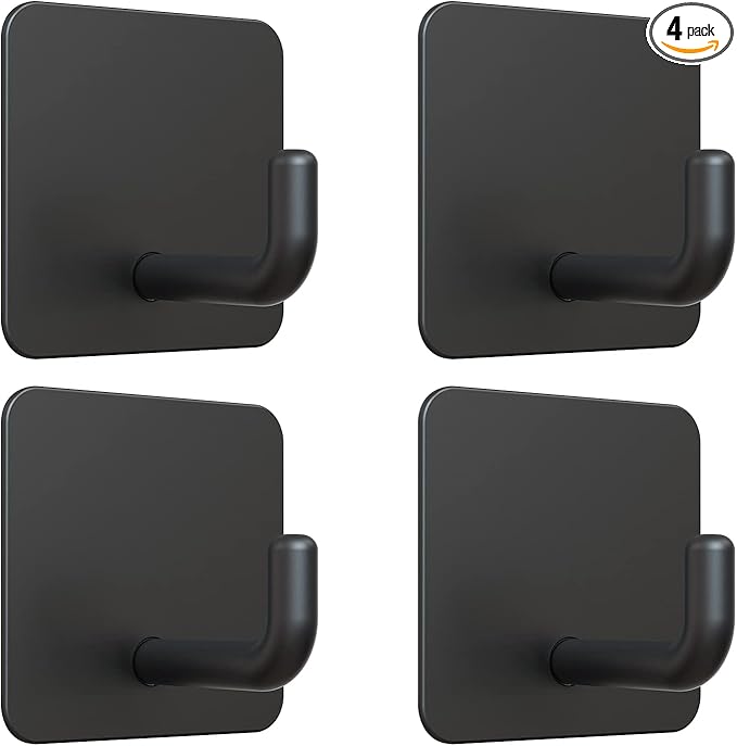 VIS'V Adhesive Hooks, Metal Shower Wall Stick on Hooks, Waterproof, 2 Extra Adhesive Strips, Black, 4 Pcs