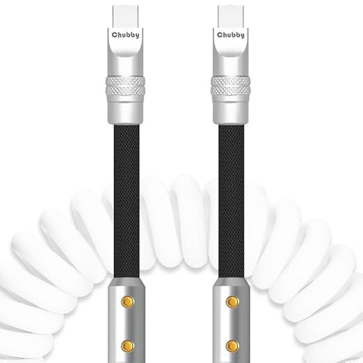 Chubbycable Colorblock Chubby - Spring Braided Silicone Charge Cable Coiled USB C 2.29FT-3.6FT White+Black Type-C to Type-C Cord for Car, Fast Charging