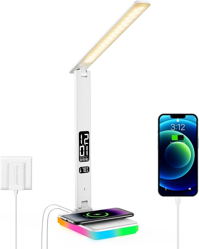 LED Desk Lamp for Home Office, USB Charging Port, Reading Lamp Desk Light with 5 Brightness, 3 Colors, Table Lamp with Clock, Alarm, Date, Temperature, Desk Lamp for College Dorm Room (White)