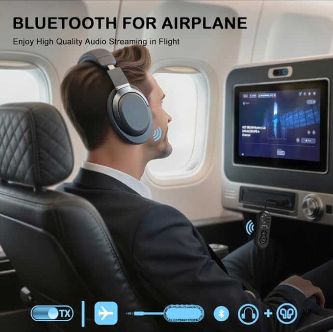 Bluetooth 5.4 Transmitter Receiver, 2 in One Airplane Audio Adapter with Low Latency, Dual Mode Connection for 2 Devices, Wireless Transmitter Adapter for Flight Travel/TV/Car/Gym/Home Stereo