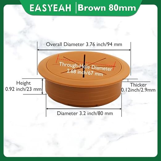 2 Pcs Desk Grommet 3-1/8" / 80 mm, Desk Hole Cover for Cables Brown, Cable Grommet ABS Plastic, Desk Hole Grommet for Home & Office Pc, Detachable Cable Cord Organizer