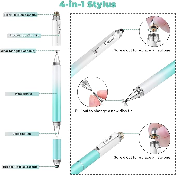Penyeah Capacitive Stylus Pen (4 in 1),Universal Touch Screens Stylus Pen for iPad/Pro/iPhone/Android Phone/Samsung/Fire/Tablets and All Capacitive Touch Screens-Dream Blue