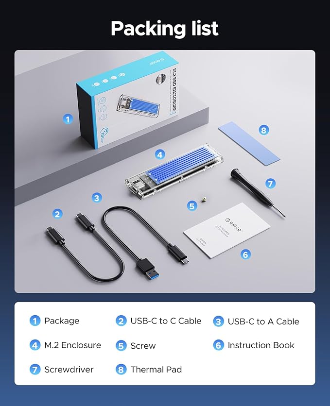 ORICO M.2 NVMe SSD Enclosure, USB 3.2 Gen 2 (10 Gbps), Transparent External Solid State Drive Adapter Enclosure for 2280 2260 2242 2230 PCI-E M2 M-Key SSD, USB Type C Converter Case-TCM2 Blue