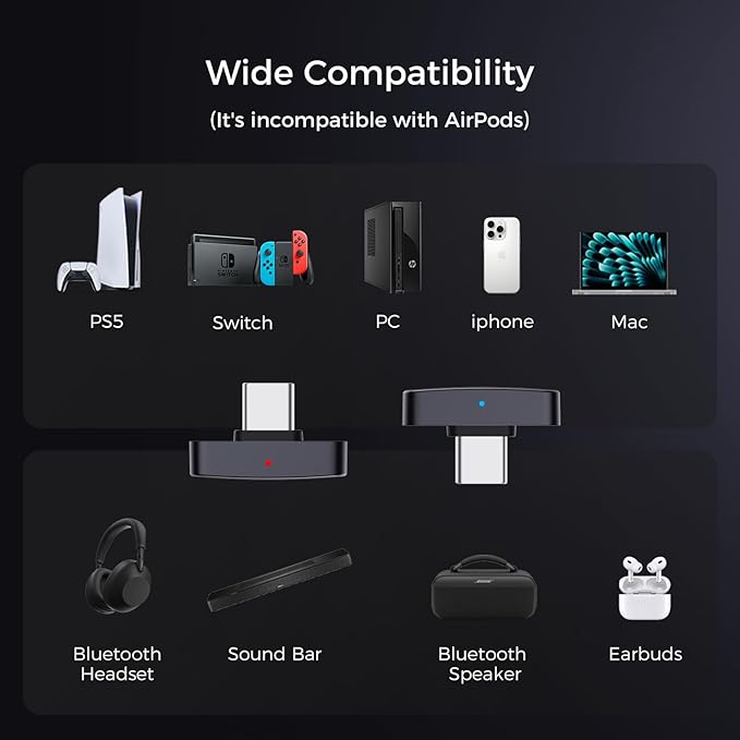 QCC Dongle Pro USB-C Bluetooth Adapter, Bluetooth 5.4 Audio Adapter with LDAC,aptX Lossless&aptX-Adaptive,Low Latency Wireless Lossless Transmitter to Connect Wireless Headphones & Earbuds