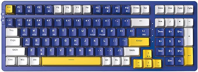 Wireless Mechanical Keyboard, Triple Mode 2.4G/USB-C/BT Gaming Keyboards 100 Keys Ice-Blue Backlit, Brown Switch Keyboard | Rechargeable Mechanical Gaming Keyboards | Blue/White/Yellow