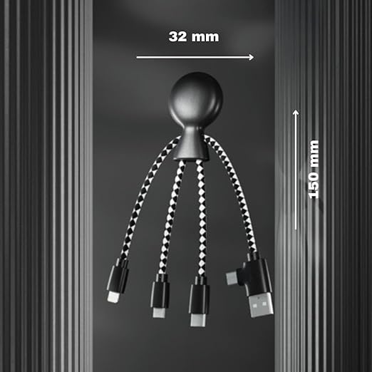 Mr Bio 4 in 1 Multi USB Cable Octopus Design Black - Universal Recycled Plastic Charger - USB Plug - USB-C - Lightning - Micro USB for Universal Smartphone