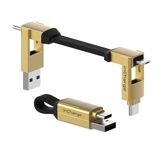 Rolling Square inCharge 6 - Keychain USB C Charger Cable, Lightning Cable and Micro-USB for Smartphone, Universal Cable Charger 6 in 1, USB Plug, 15W, Gold