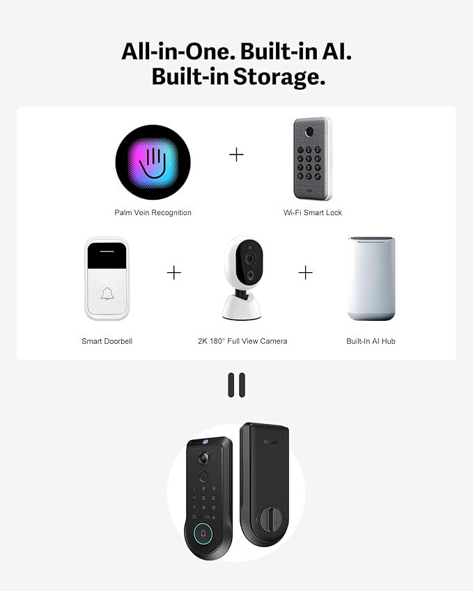 Lockin Veno Pro Palm Vein Video Smart Lock with 2K 180° Camera, Fingerprint Recognition, AI Motion Detection, IP65 Weatherproof, Remote App Control, 32GB Built-in Storage, No Monthly Fee
