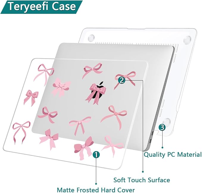 Teryeefi Case for MacBook Air 13 inch M1 A2337 A2179 A1932 2018 2021 2020 2019 2018 Release, Plastic Hard Shell Case & Keyboard Cover & Screen Protector, Cute Pink Bows