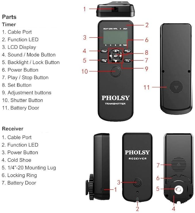 PHOLSY Camera Timer Remote Release Control with Intervalometer HDR for Nikon Z5, Z8, Z9, Z7ii, Z6, Z6ii, D750, D780, D7500, D7200, D5600, D5500, P7700, P7800, P950, D4, D5, D6, D800, D850, D810, D700