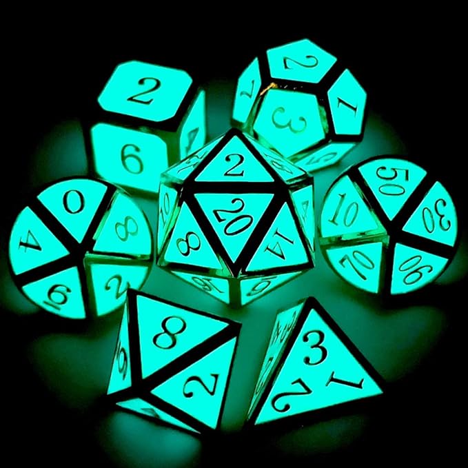 Haxtec Glow in The Dark Glowing Blue Metal Dice Set D&D W/Dragon Dice Bag 7PCS DND Dice Set Compatible with Dungeons and Dragons RPG Games-Gold Glowing Blue-V2