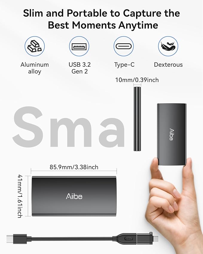 Aiibe 1TB External Solid State Drive USB C Portable SSD USB 3.2 Gen 2, Up to 1050MB/s, 1TB External SSD External Hard Drive for iPhone 15/Pro, Laptop, Mac and PS4 (Black)