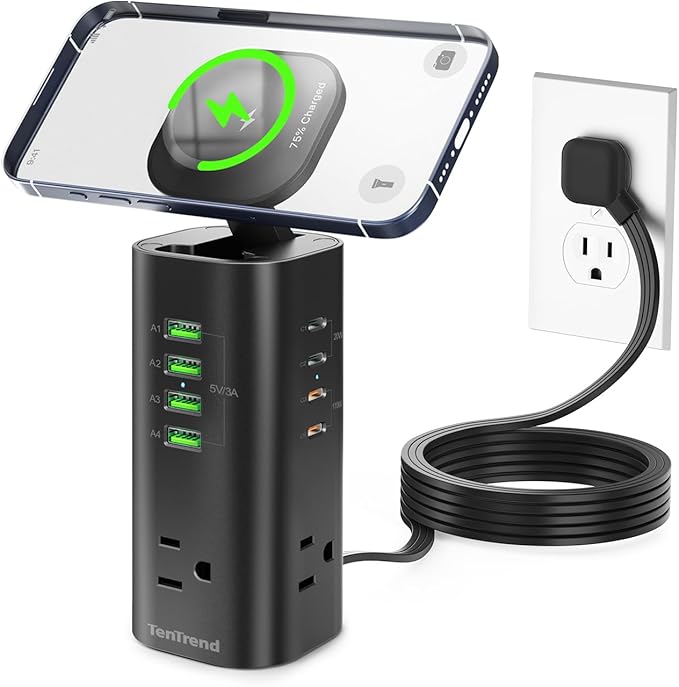 Surge Protector Power Strip Tower, TenTrend 160W Fast Charging Station with 3 AC Outlets & 8 USB Ports (4 USB-C), 5 FT Flat Plug Extension Cord with Multiple Outlets for Home Office