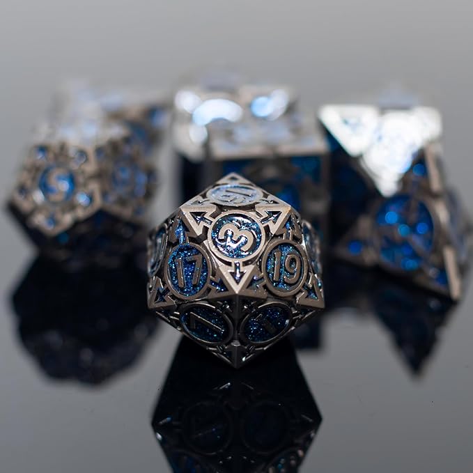 Blue Black Nickel Finish Heavy Metal DND Dice Set (Wizard) with A Metal Box, Sharp Edge Zinc Alloy D&D Accessories, D4-D20, Designed for Dungeons & Dragons Master, RPG Player, Starter