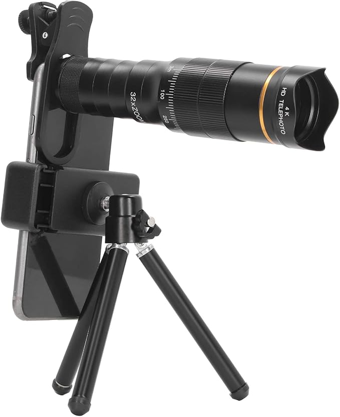 Portable 32X Phone Camera Lens HD Zoom Lens Clip On, Double Adjustment Eyepiece System, Large Aperture Objective Lens, Multiple Use Modes, Widely Applicable for Photo Video