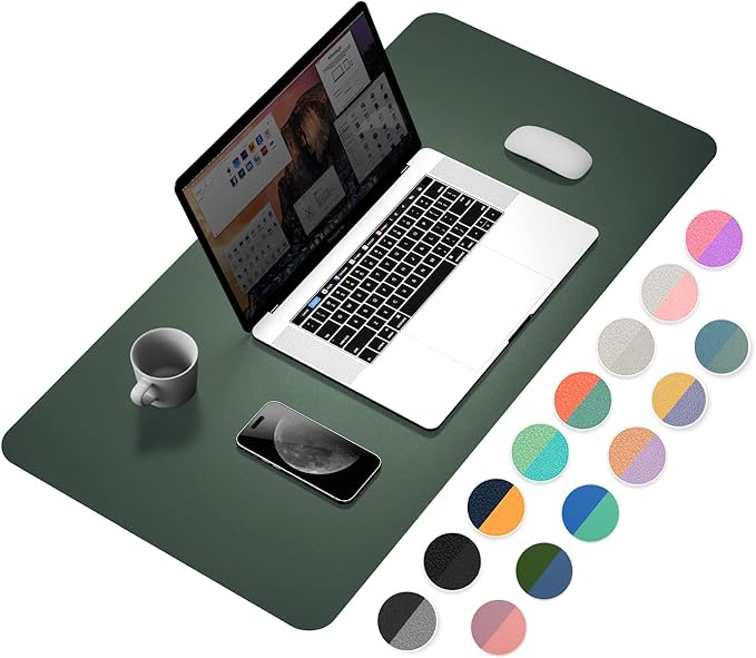 YSAGi Desk Pad, Desk Mat, Dual-Sided Desk Pad, 31.5" x 15.7" Laptop Leather Desk Pad Protector, Desk Blotter for Keyboard and Mouse, Waterproof Desk Writing Pad for Office(Dark Green+Dark Blue)