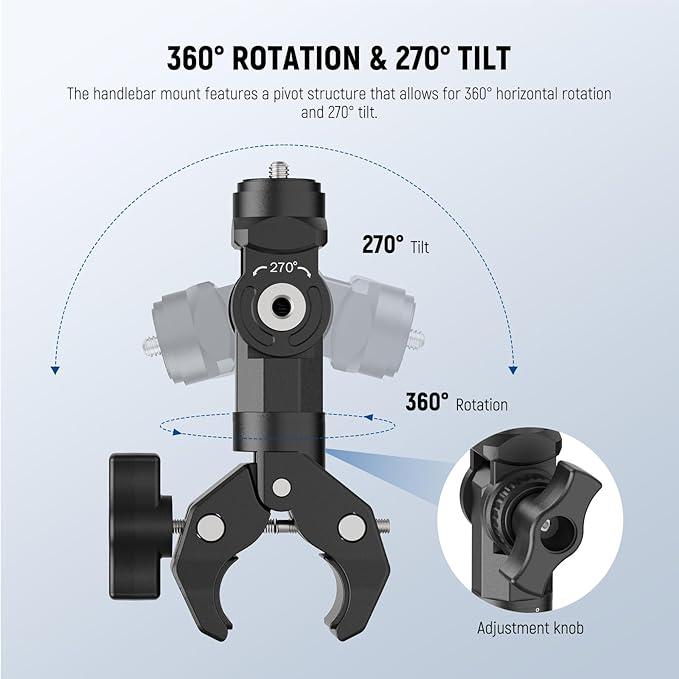 NEEWER Motorcycle Bike Handlebar Clamp Mount, Heavy Duty Clip Holder, 1/4" Screw & 3 Prong Adapter Compatible with Insta360 X5 X4 GoPro Hero 13 12 POV Video Recording, 360° Rotation & 270° Tilt, CA161