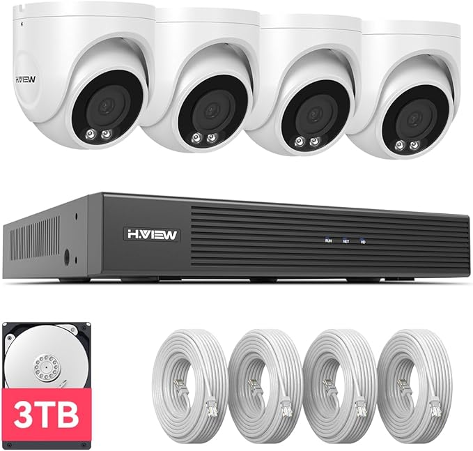 H.VIEW 4K Security Camera System, 4pcs H.265 PoE Wired Turret Cameras with Person Detection, 4K/8MP 8CH NVR with 3TB HDD for 24-7 Recording,Trigger Color Night Vision, Email Alert, AI Human