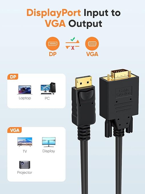 CableCreation DisplayPort to VGA Adapter Cable, 6 FT, 3-Pack, Gold Plated, 1080p@60Hz, DP Male to VGA Male, Black