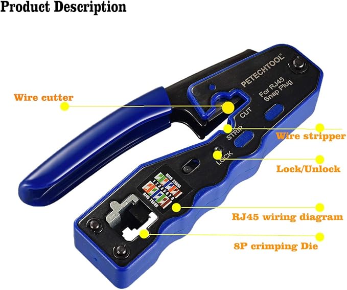 RJ45 Crimp Tool for Cat6 Cat5e Cat5 Pass Through Connectors,All-in-one EZ Crimping Tool Full Set with Cat6 Connectors and Boots, Cable Ties, Cable Tester, Cable Scissors and Stripper