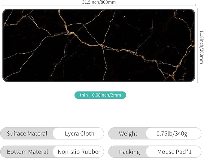 Dynippy Thin Extended Gaming Mouse Pad （31.5 * 11.8 * 0.08 inch） with Stitched Edges Large Mousepad Long XXL Keyboard and Mouse pad Desk Mat for Gaming Office & Home - Black Gold Marble