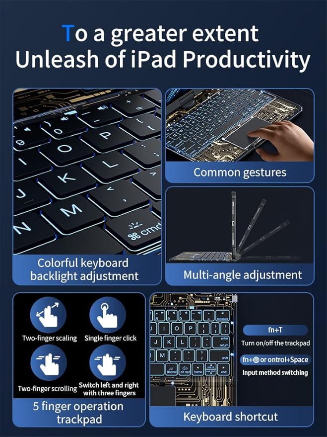 KARTICE Case with Wireless Keyboard Compatible with iPad 10th 2022 10.9 inch, Multi-Touch Trackpad, 7 Color Backlight, 360° Rotating Stand with Pencil Holder for 10th, Excludes iPad and Pencil