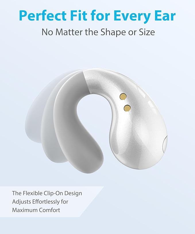 Ultra Open-Ear-Earbuds Wireless Bluetooth - Ergonomic Clip-On Earbuds, Bone Conduction Over-The-Ear Headphones with Waterproof Design and Secure Fit for Small Ears, Elegant White