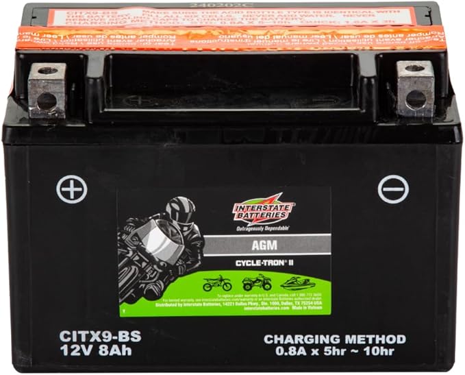 Interstate Batteries YTX9-BS 12V 8Ah Powersports Battery 130CCA AGM Rechargeable Replacement for BMW, Honda, Kawasaki Motorcycles, ATVs, Scooters (CITX9-BS)