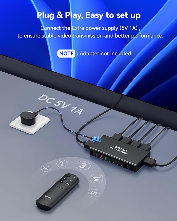 HDMI Switch 5 in 1 Out 4K@60Hz, GANA HDMI Splitter Switcher with Remote, Aluminum HDMI 2.0 Switch Box Hub for 3D, HDCP2.2, HDR, Compatible with Xbox, PS5/4/3,Fire Stick,Roku,Blu-Ray Player, Black