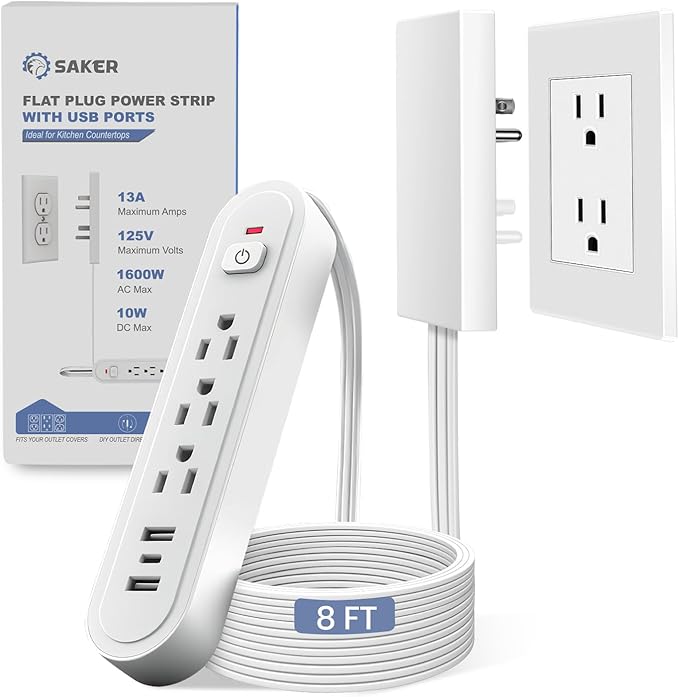 Saker Outlet Concealer Power Strip, 8FT Surge Protector Flat Extension Cord with 3 Outlets and 3 USB Ports, Outlet Cover Baby Proofing for Kitchen, Home and Office (8FT)