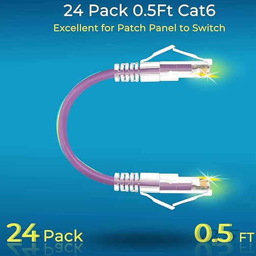 Rapink Patch Cables Cat6/ Cat6a 0.5ft (24 Pack) Slim, Cat6a Ethernet Patch Cable 10G Support, Snagless Cat 6 Patch Cable for Patch Panel to Switch, Flexiable Cat6 Ethernet Cable Purple